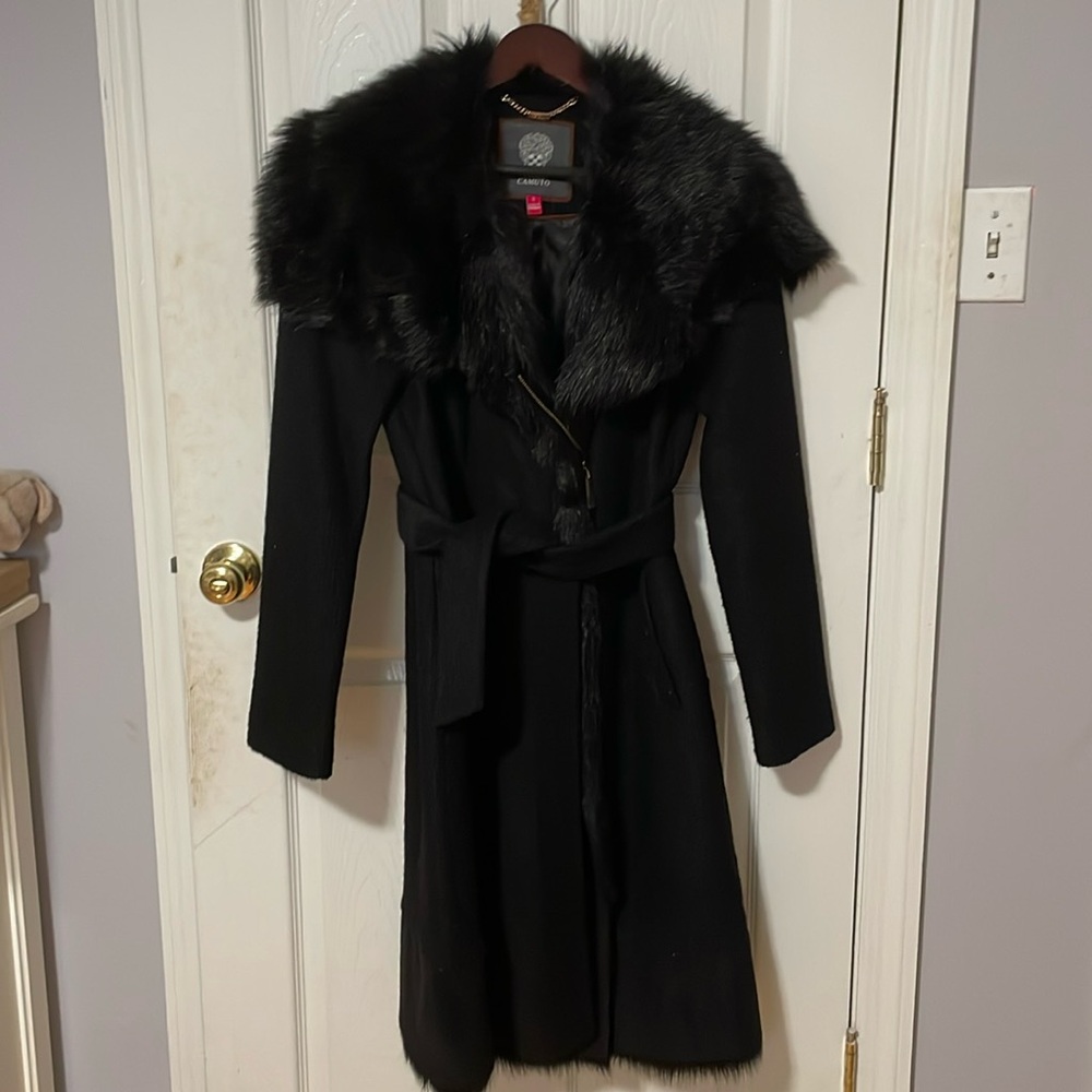 Vince Camuto Elegant Black Faux Fur Trim Coat